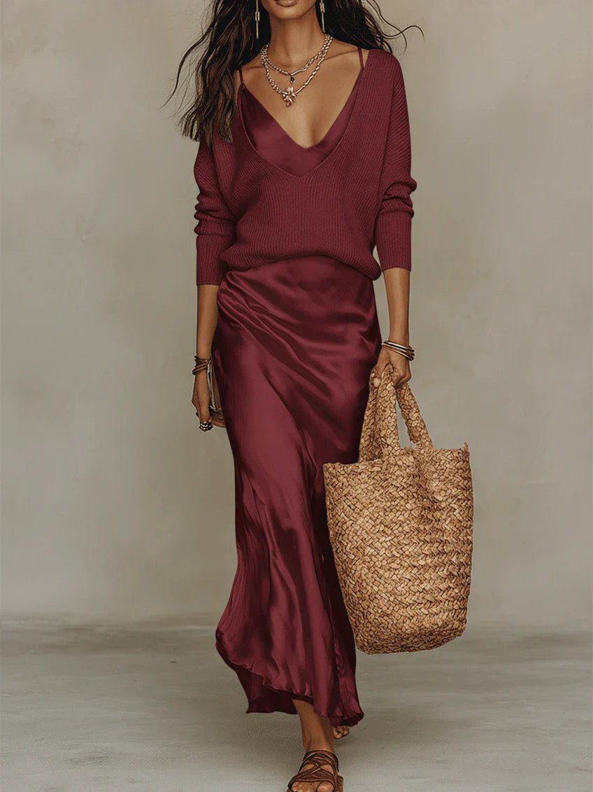 Sienna | Satin Midi Dress with Knit Sweater