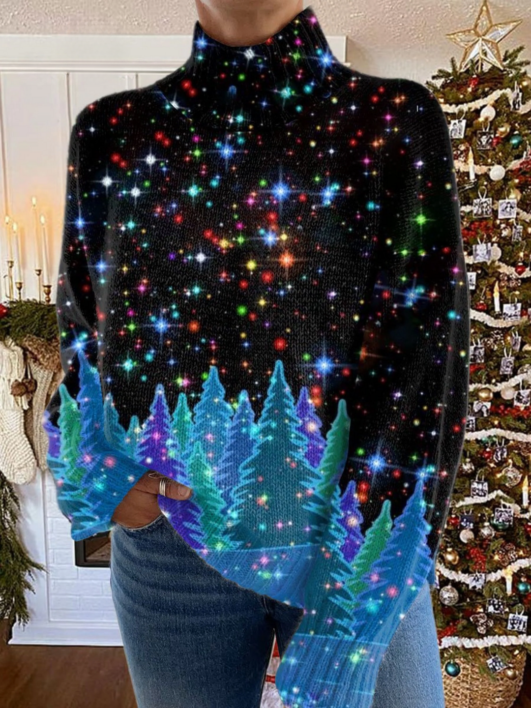 Shiny Christmas Print Turtleneck Sweater