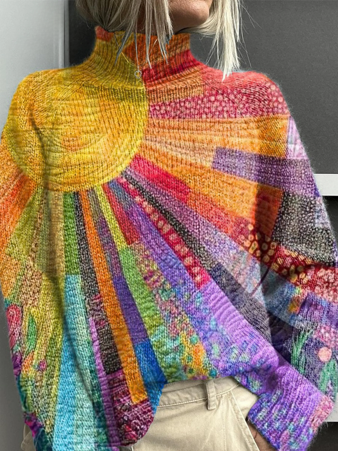 Colorful Collage Sunny Print Turtleneck Sweater