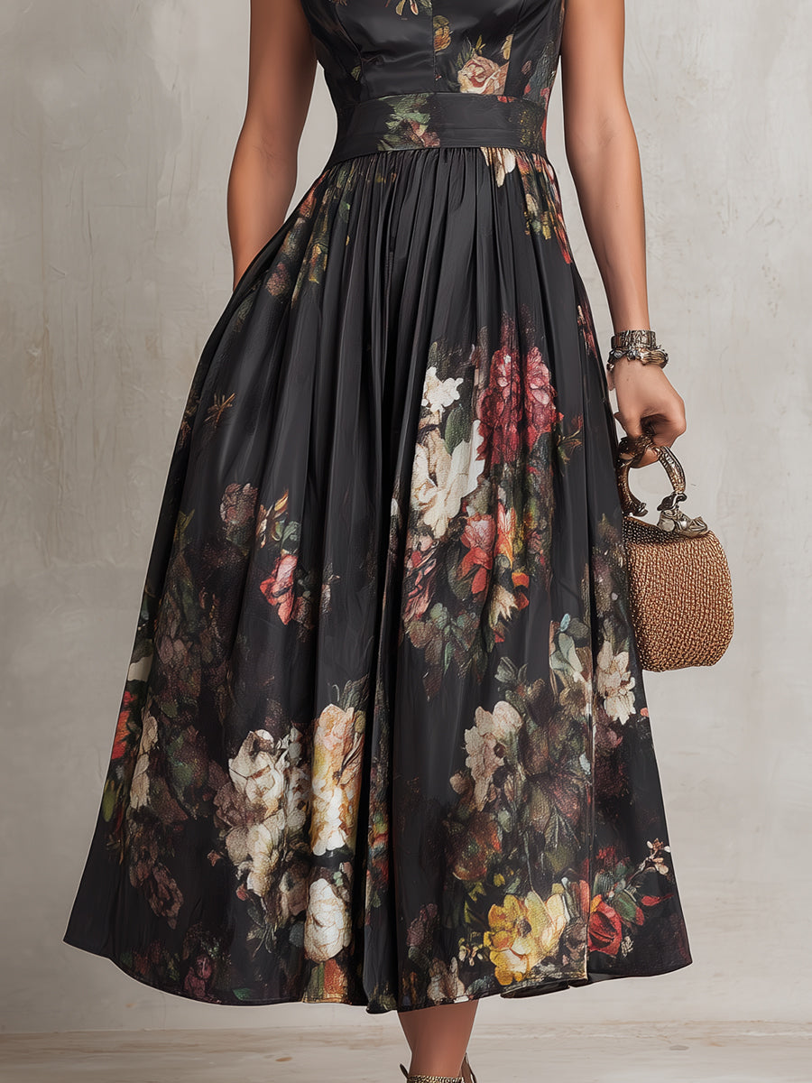 Dunora™ | Floral Pleated Satin Midi Dress