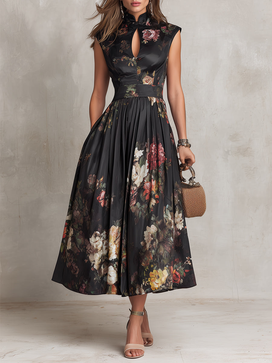 Dunora™ | Floral Pleated Satin Midi Dress
