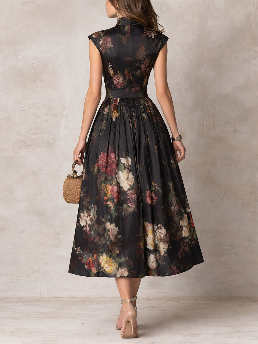 Dunora™ | Floral Pleated Satin Midi Dress