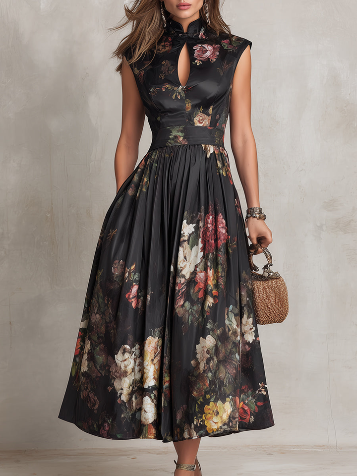 Dunora™ | Floral Pleated Satin Midi Dress