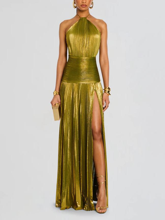 Maricel - Metallic Plissé Halter Gown