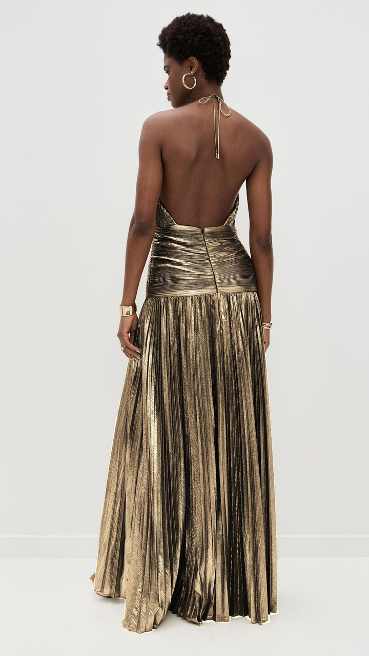 Maricel - Metallic Plissé Halter Gown